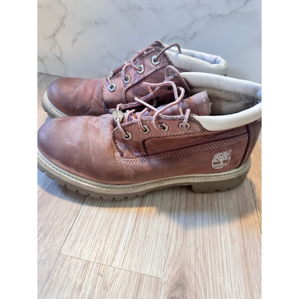 Timberland Ankle Boots Pink Leather Lace Up Womens US 7 Youth Size 5 Work - Picture 4 of 7